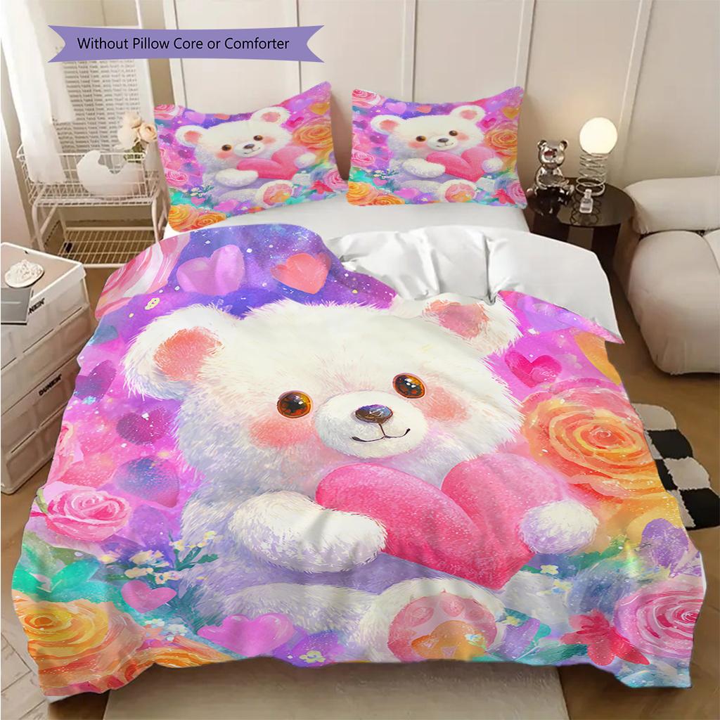 Bear Doll Pattern Bedding Quilt Set Quilt Cover Pillowcase Home Decoration Birthday Gift (1 * duvet cover + 2 * pillowcase, without core)