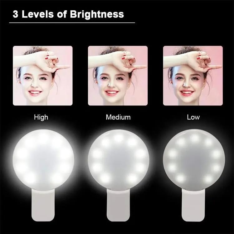 Clip-on LED Selfie Ring Light, Small Pocket-Size, 3 Brightness Levels, Rechargeable, Phone Camera Light, (White)