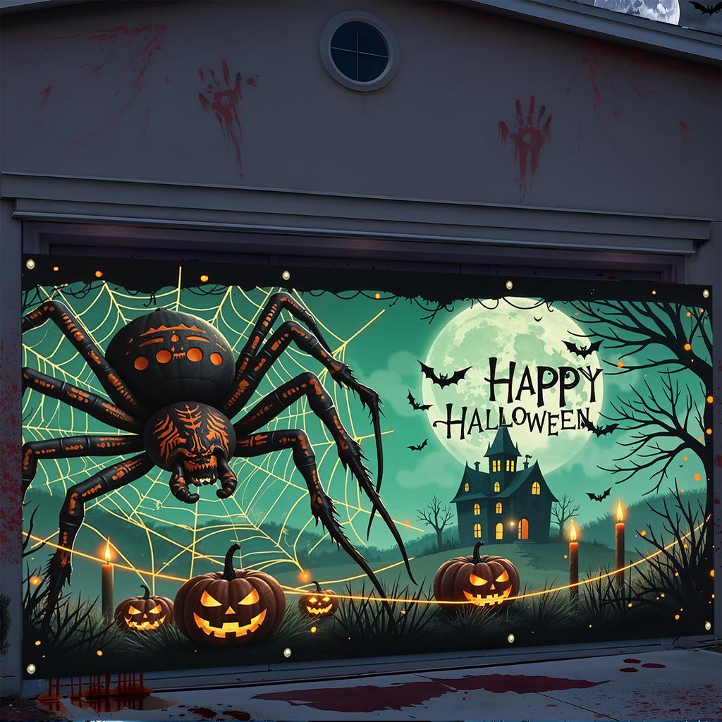 2D flat cheerful Halloween garage door banner with a background of terrifying giant spiders