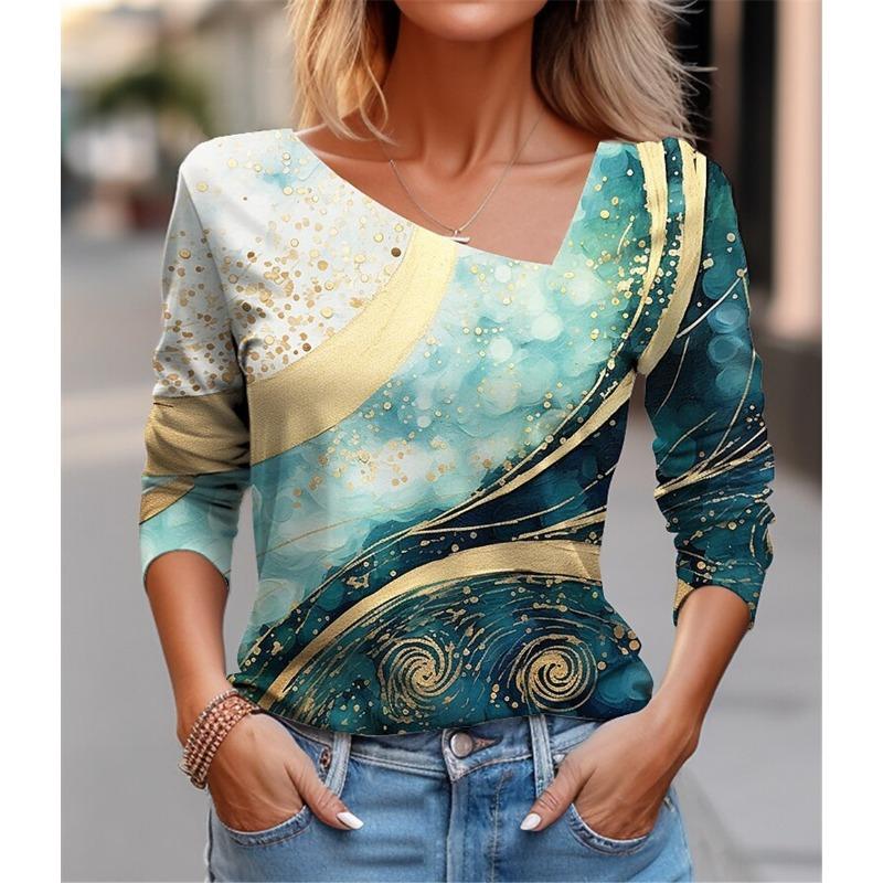 Seksowny diagonalny kołnierzyk z uniwersalnym cyfrowym nadrukiem 3D T-shirt damski na co dzień wiosna jesień długi rękaw koszulka rekreacyjna odzież