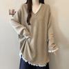 Plus Size Korean Patchwork V-Neck Long Sleeve Sweater - Women's Autumn/Winter Loose Fit Fashion Top