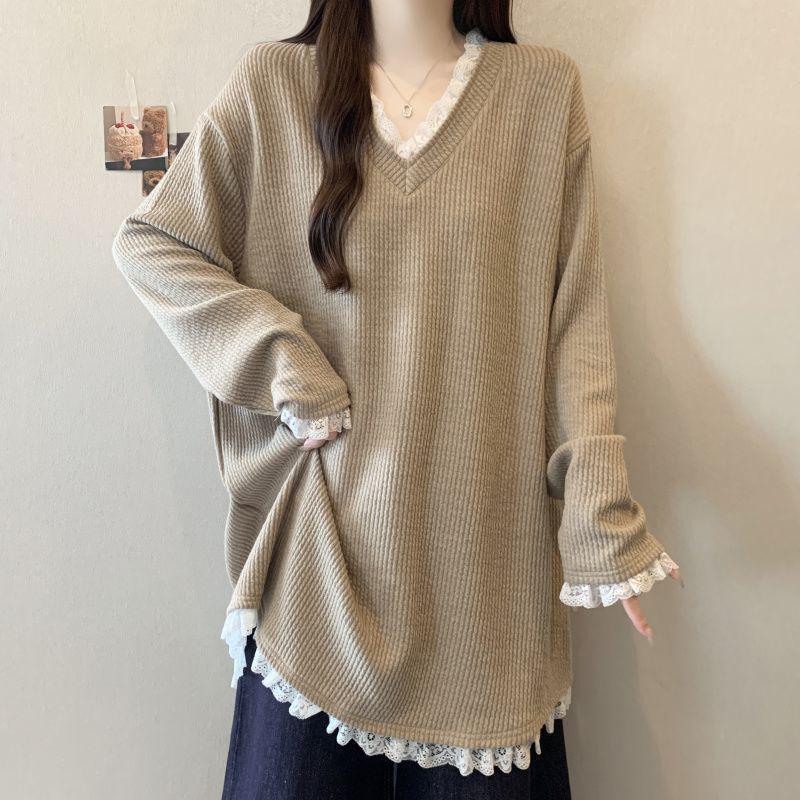 Plus Size Korean Patchwork V-Neck Long Sleeve Sweater - Women's Autumn/Winter Loose Fit Fashion Top