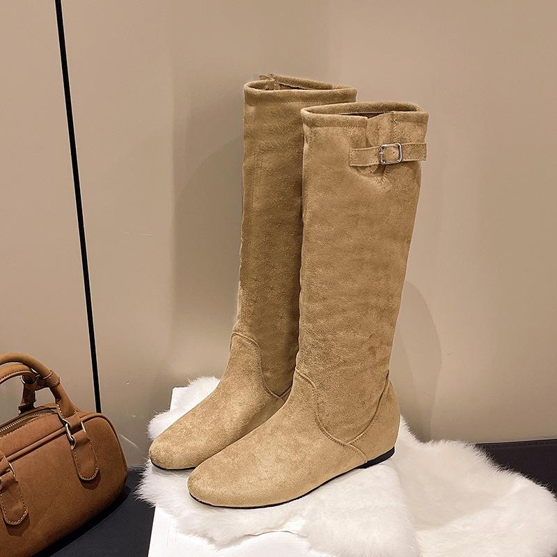 Herbst und Winter 2025 neue Retro-Wildlederstiefel Kinder Innenhöhe Erhöhung runde Spitze hoher Schaft dünne Western-Pile-Stiefel