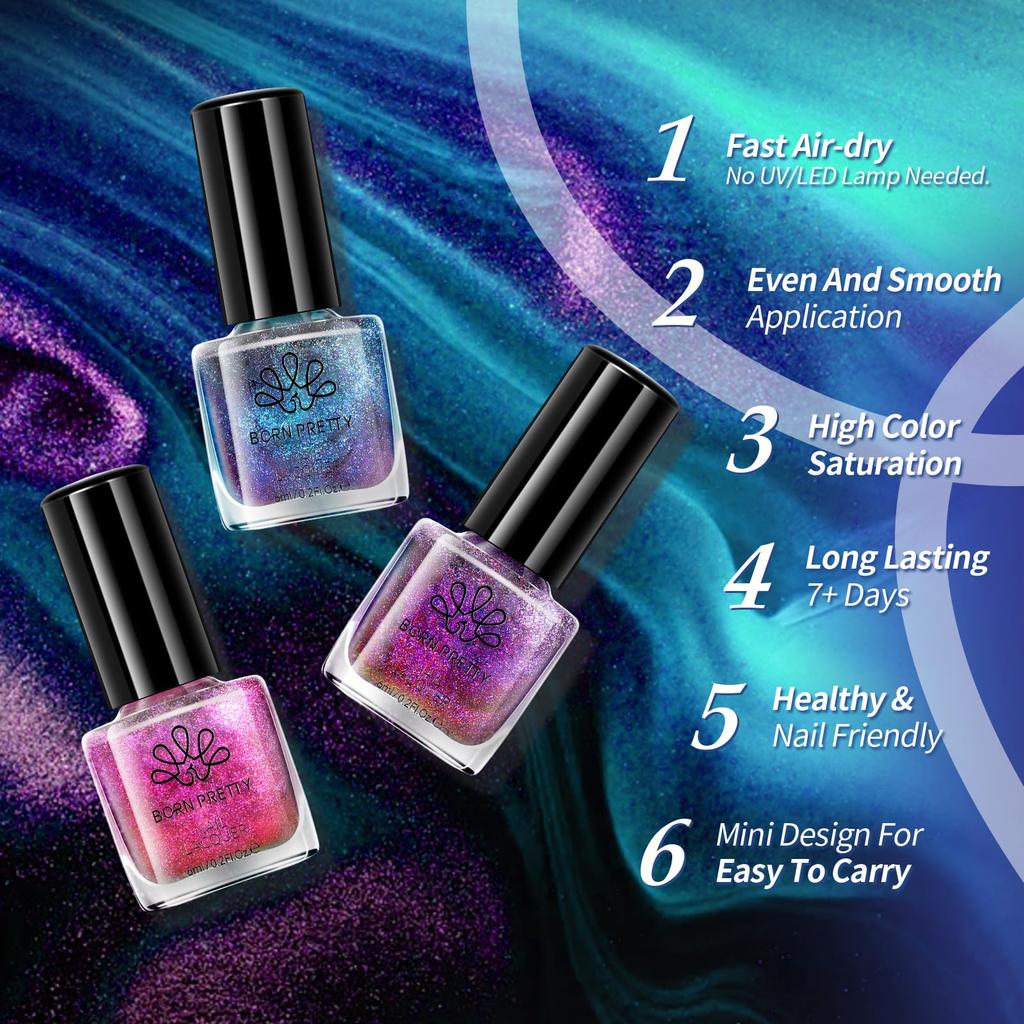 BORN PRETTY Cat Eye Nail Polish Holographic Chameleon Galaxy Magnetic Nail Polish with Black Magnetic Salon Home Gift for Women 5-Color Set,