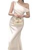 French Socialite Style Satin One-Shoulder Mermaid Maxi Dress - Elegant Draped Neck Bodycon for Women Spring Summer Formal Gown.