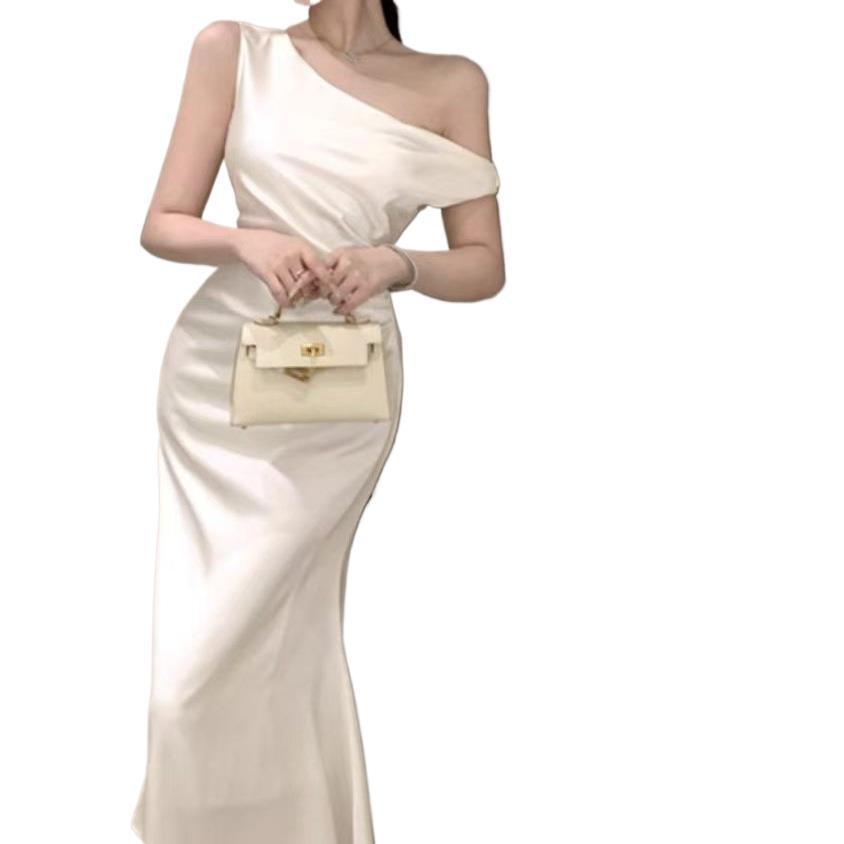 French Socialite Style Satin One-Shoulder Mermaid Maxi Dress - Elegant Draped Neck Bodycon for Women Spring Summer Formal Gown.