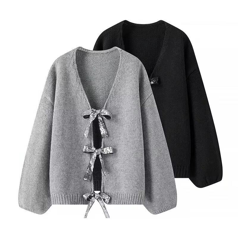 2024 Spring High-End European & American Style Sequin Bow Knit Sweater