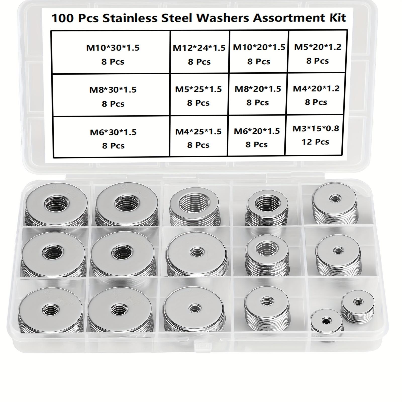 

18-8(304) Stainless Steel Fender Washers, Flat Washers for Screws and Bolts, 100pcs Metal Washers Kit (12 Sizes M3-M12), Assorte сірий