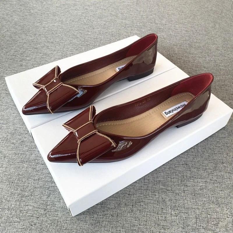 Fashion Shoes For Women 2024 Flat With Bow Flats Ladies Summer Footwear Pointed Toe Bride Luxury Leather Casual Red Fashion Lastest Shoe