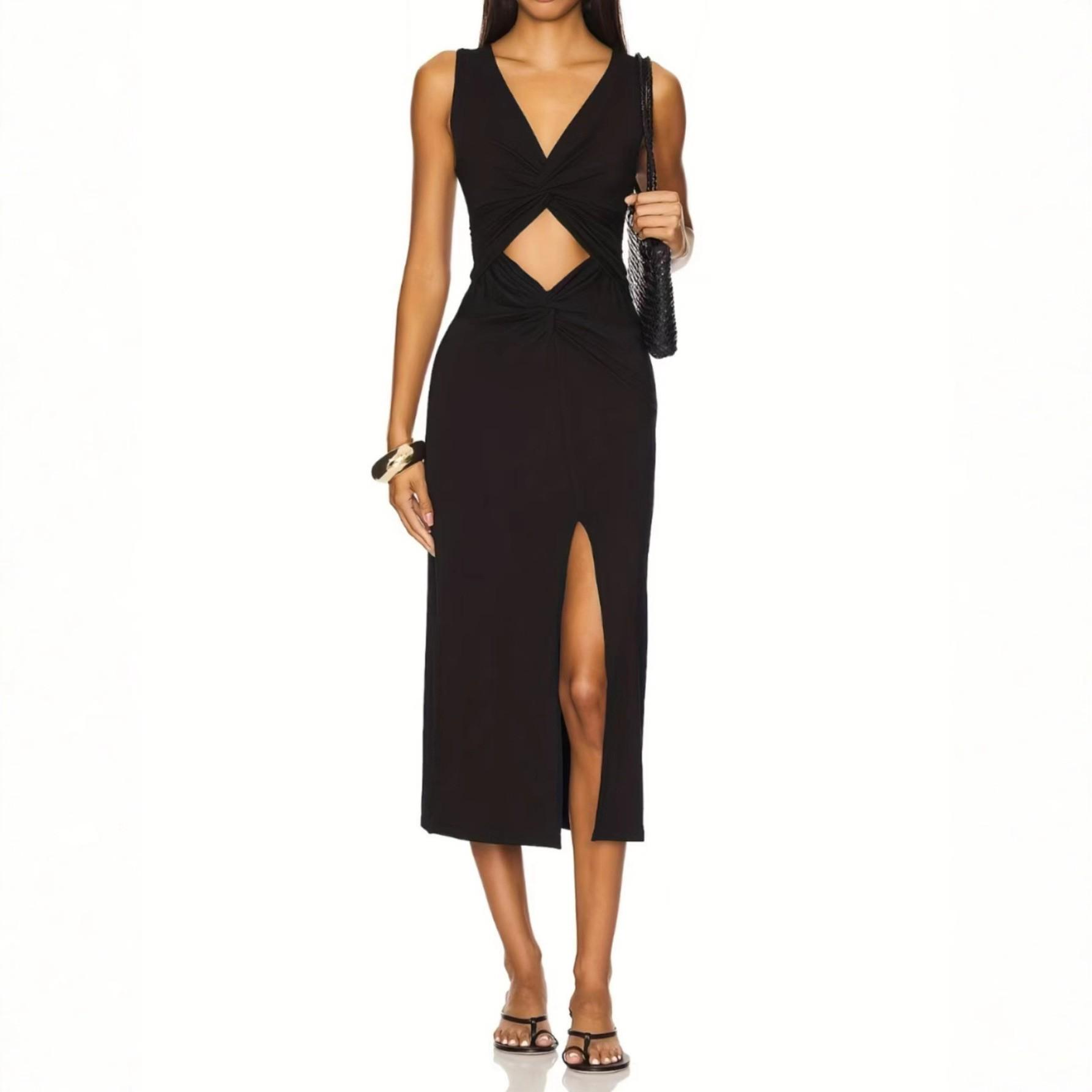Plus Size Women s Elegant V-Neck Pleated Slit Dress 5XL