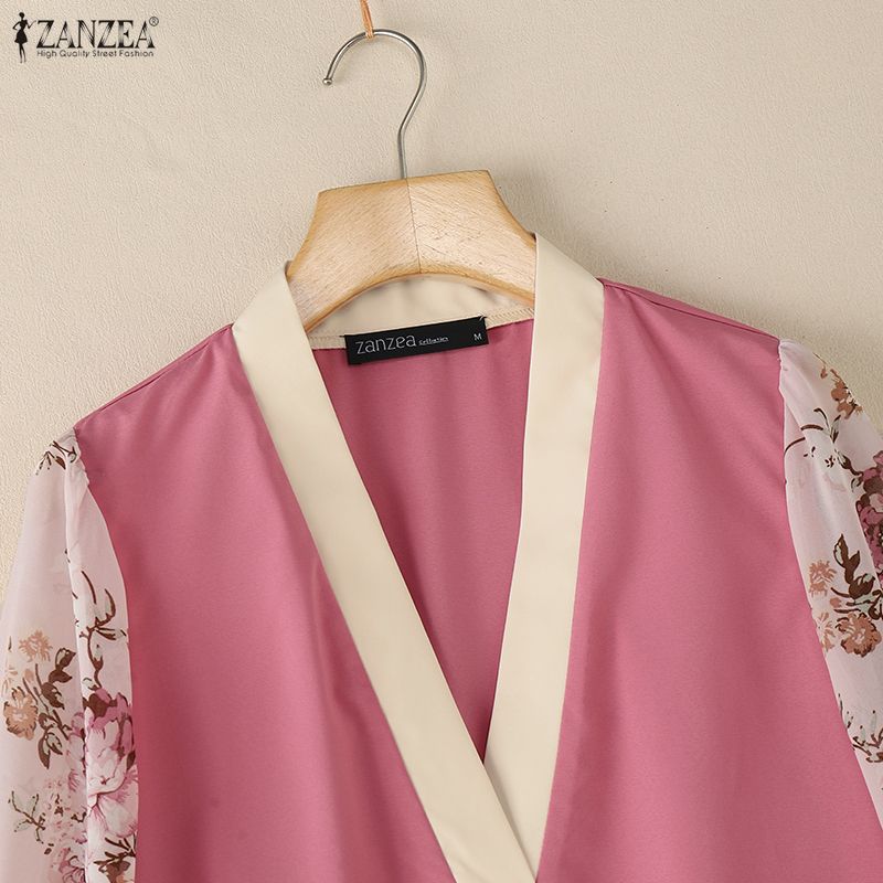 ZANZEA Women Casual V-Neck Print Splice 3/4 Sleeve Blouse