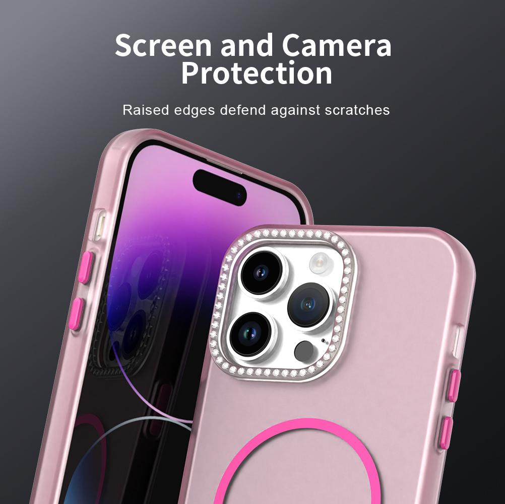 For iPhone 14 Pro Max Case Compatible with MagSafe TPU + PC + PET Phone Cover Rhinestone Decor Lens Frame