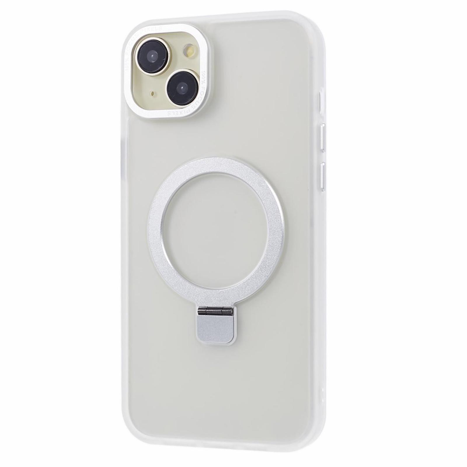 

For iPhone 15 Plus Skin-touch Phone Case Kickstand Design TPU+PC+Magnet+Metal Shell Compatible with MagSafe White