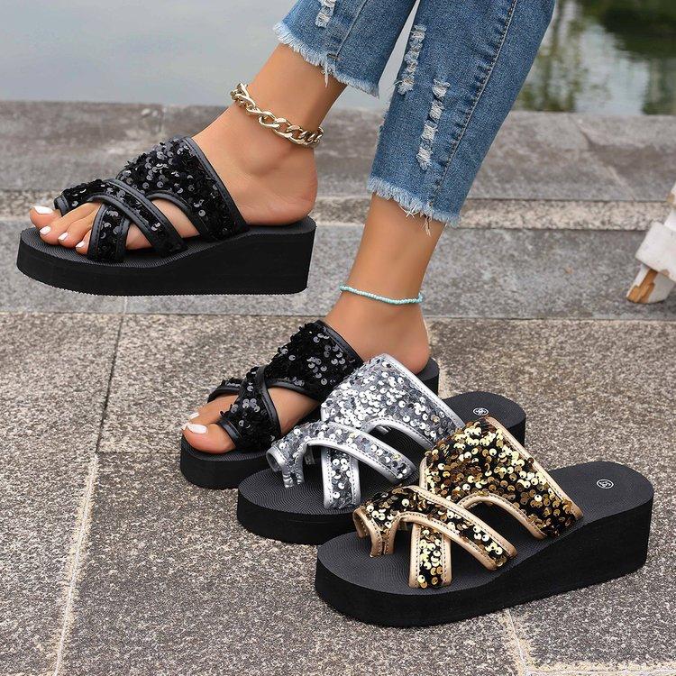Chinelo de Verão Leve com Sola de Espuma e Dedos, Sandálias de Praia Casuais Lantejouladas de Sola Reta