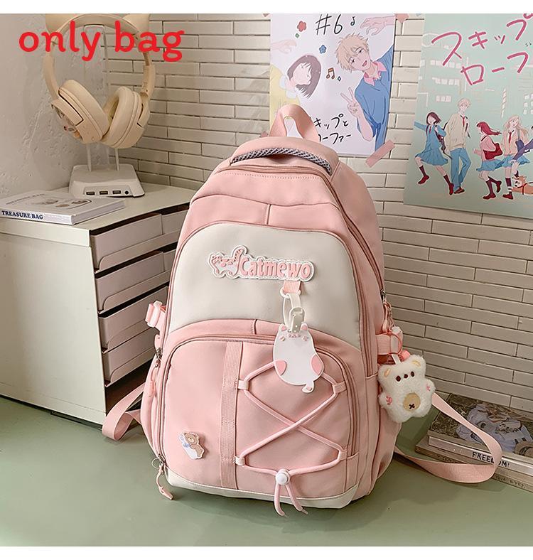 Fashionable Blocked Color Letter Cat Pattern Student Backpack Pendant With
