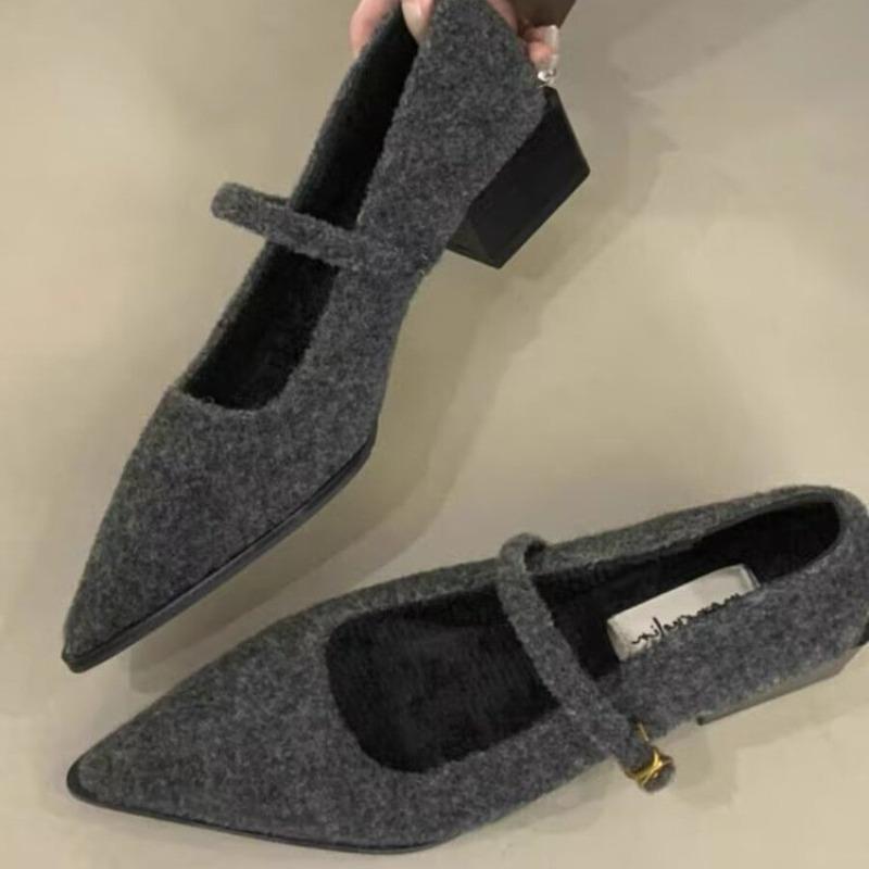Winter Cotton Women Mary Jane Shoes Shallow Pointed Toe Shoes Concise Square Heels Shoes Zapatillas De Mujer