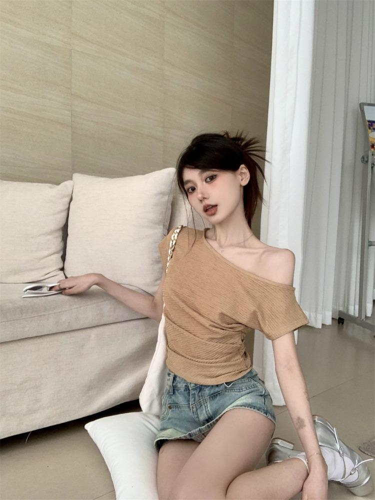 Women Summer Cropped T-Shirt Off Shoulder Sexy Slim Fit Short Sleeves Tops Fashion Sensibility Design Solid Elegant Clothing