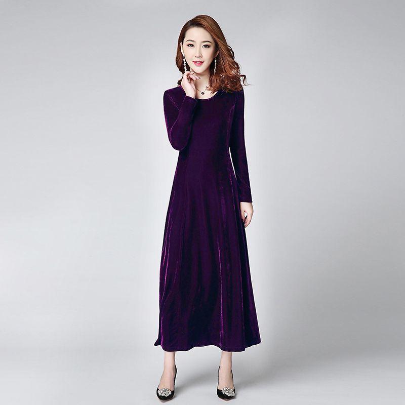 Women's Crew Neck Long Sleeve Solid Velvet Maxi Dress High Waist A Line Elegant Winter Formal Evening Dress