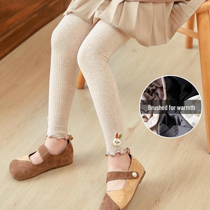 Girls' Fleece-Lined Cable Knit Leggings with Lace Trim for Autumn & Winter