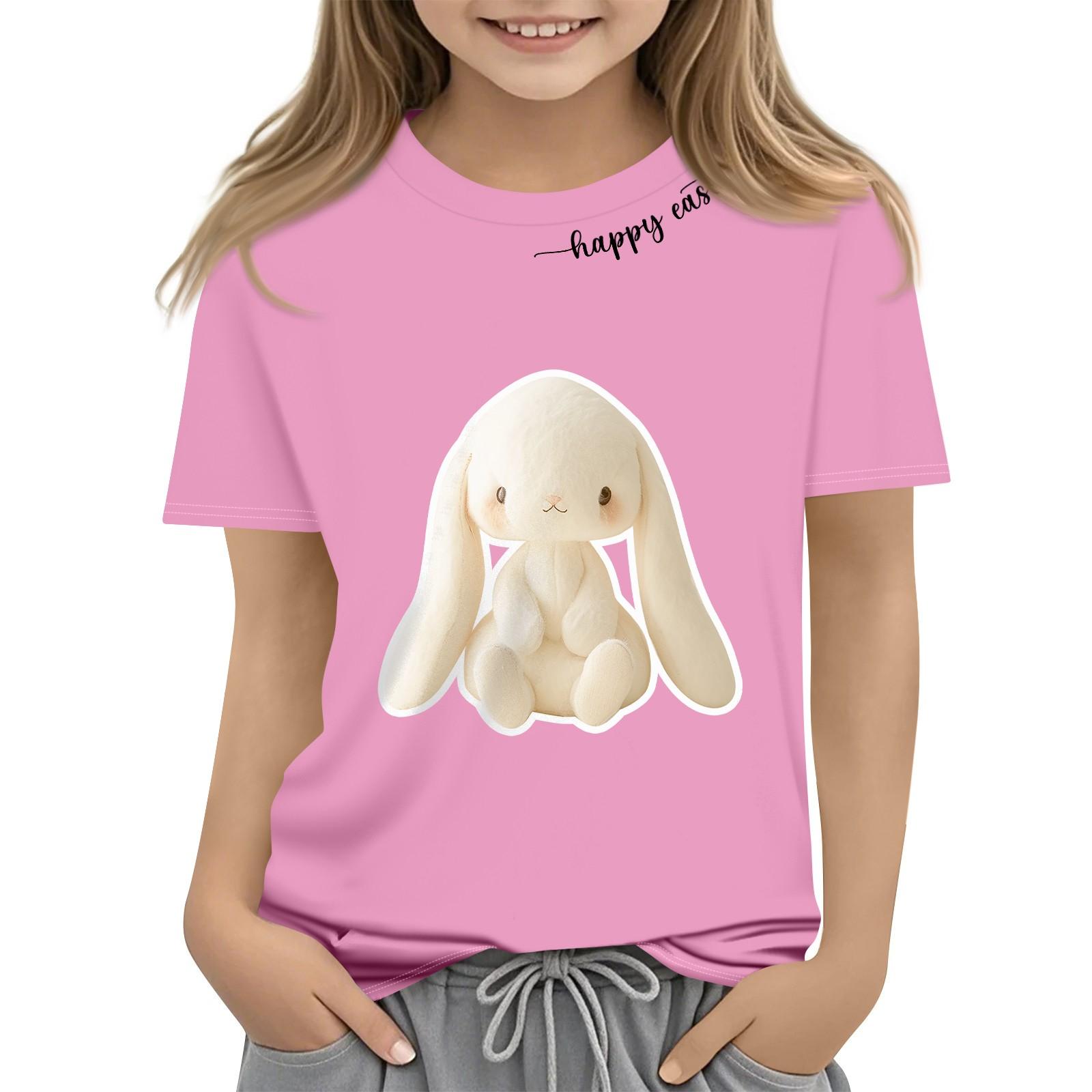 

Детская модная повседневная футболка с коротким рукавом и принтом пасхального кролика, с круглым вырезом и коротким рукавом 150 розовый
