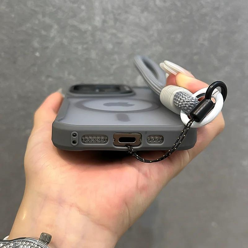 Objektyvo laikiklis Magnetinis Matinis Telefono Dėklas iPhone 16 15 Plus 14 13 12 Pro Max Riešo Dirželis Minkštais Kraštais Silikoninis Smūgiams Atsparus Viršelis