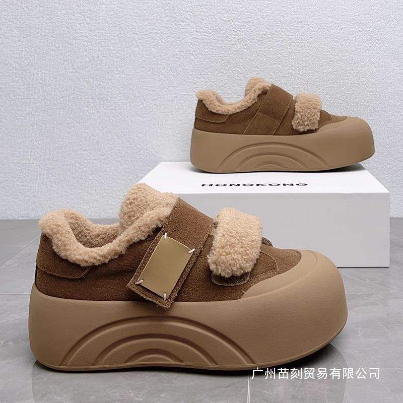 Baumwollschuhe Damen Samt Klettverschluss Jahr Dicke Sohle Schuhe Flauschige Schuhe Außen Brot Schuhe