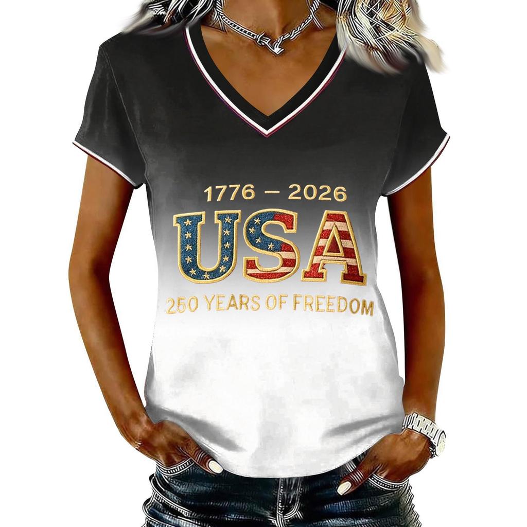 Women Casual V Neck Short Sleeve Pullover T Shirt Gradient Print USA Independence Day Graphic Top