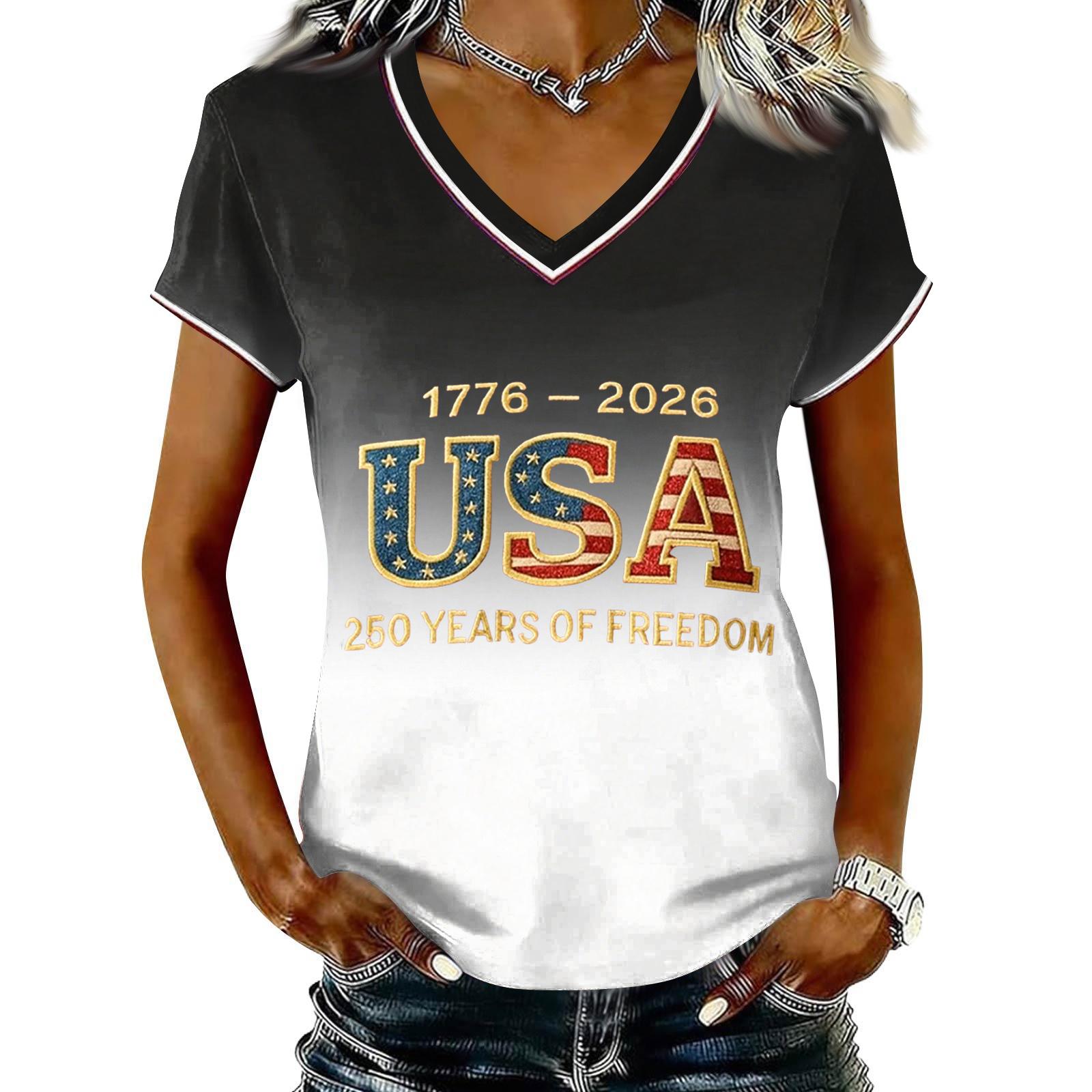 

Women s Casual V Neck Short Sleeve Pullover T Shirt Gradient Print Independence Day Top Lightweight Soft Fabric Comfortable Fit M білий