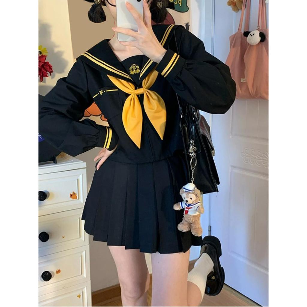 Longpen School Authentic Sailor Lolita Yellow Pleated Classic Cosplay Long JK Sailor School Lolita Costume for Photo Cultural Halloween Uniform, Suit,