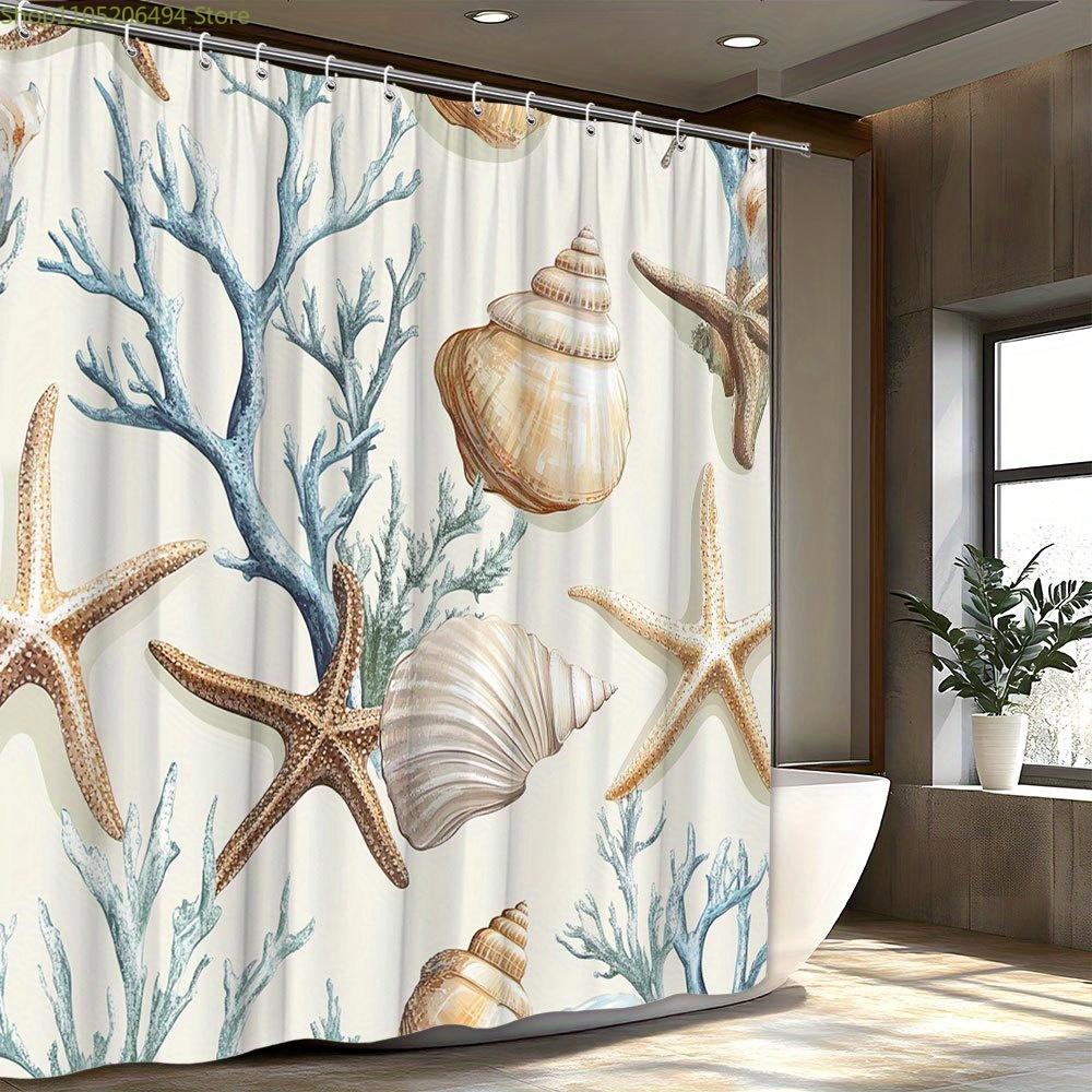 Ocean Bliss Shower Curtain with Beige & Light Brown Seashells, Starfish, and Coral Design – Coastal Beach Theme, Polyester Fab