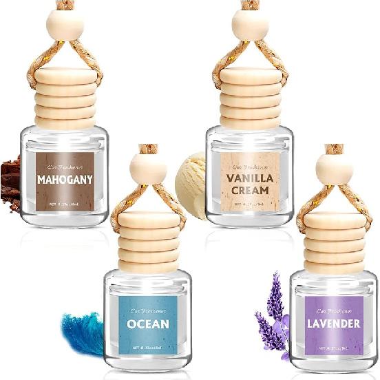 AROIC 4 Pack Car Air Freshener Hanging, Wooden Lid Essential Oil Air Freshener Hanging Car Diffuser, Natural Slow-Release Aroma for Auto Interior, 0.27oz x 4