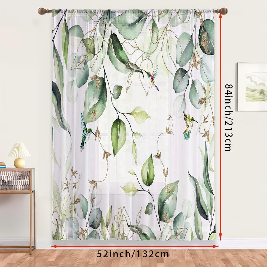 1PC Sheer Curtain Eucalyptus Leaf Hummingbird Print, Rod Pocket Window Curtain for Living Room Bedroom Nature Decor