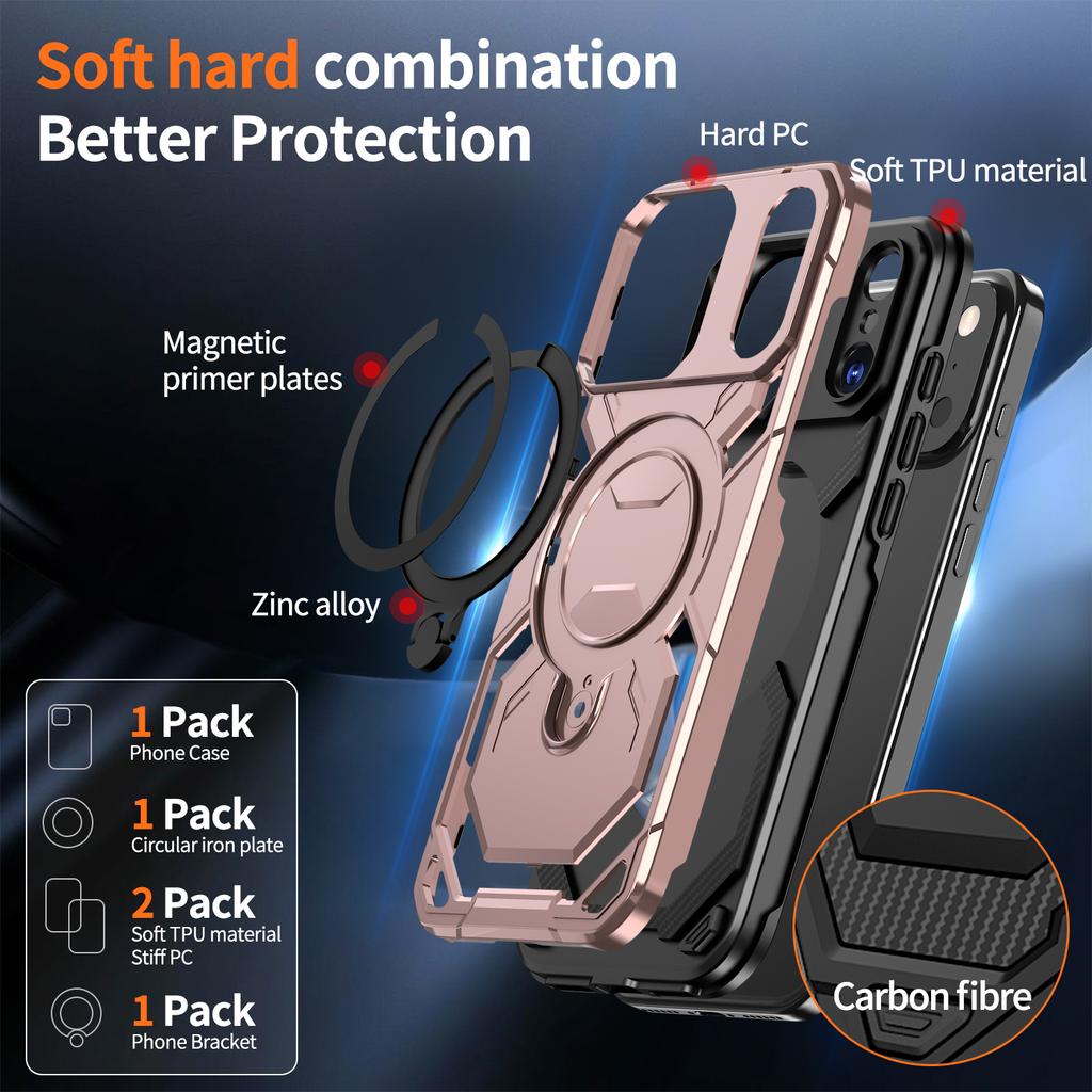 For iPhone 17 Pro Max Magnetic Case Ring Kickstand PC + TPU Hybrid Phone Cover