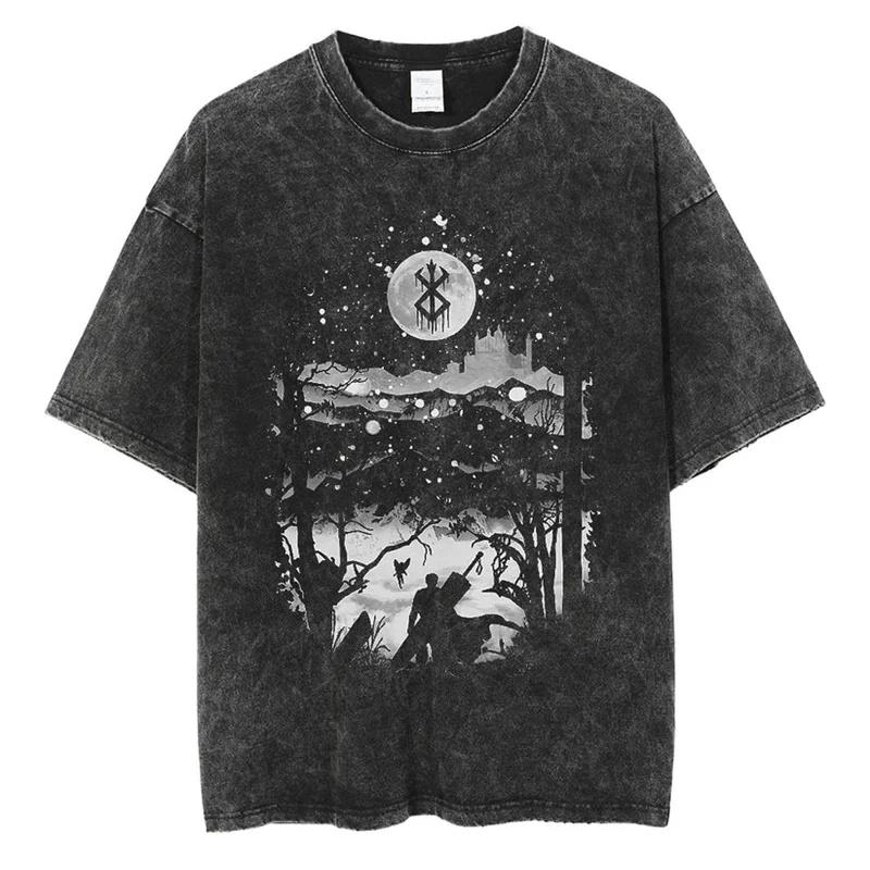 Camiseta Lavada Estampada de Anime Berserk Guts para Hombre Algodón de Alta Calidad Camisetas Vintage Oversize Street Tee Harajuku Camiseta Masculina