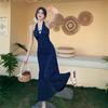Korean version of the new French lace neck V-neck floral dress women's summer waist design holiday long skirt