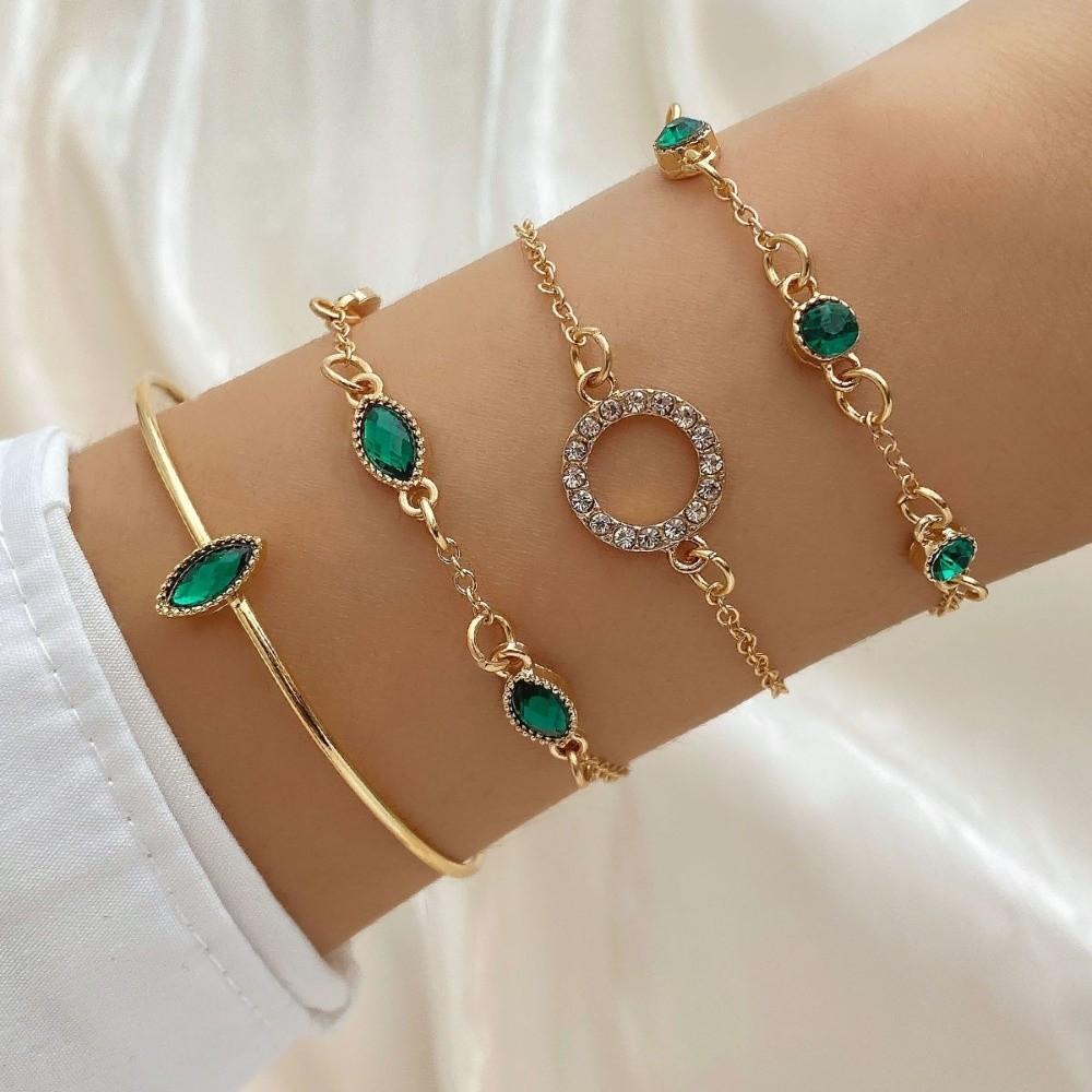 4Pcs/Set Imitation Gemstone Bangle Set Green Color Jewelry Set Fashion Hollow Bracelet