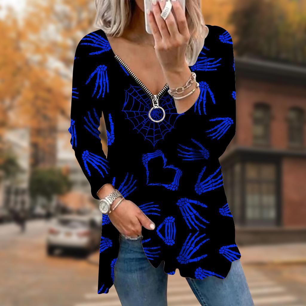 Damer Höst Skelett Handtryckt Långärmad T-shirt Lös V-ringning Plus Size T-shirt Toppar Bekväm Blus