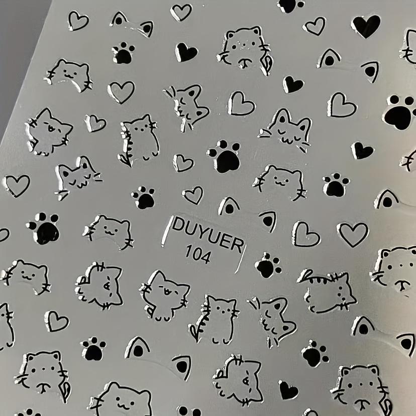 Cat Nail Stickers - Cute Cartoon Cat Paw & Heart Designs, Self-Adhesive Plastic Nail Art Decals for Hands & Feet, Y2K Kawaii Anime Style Semi