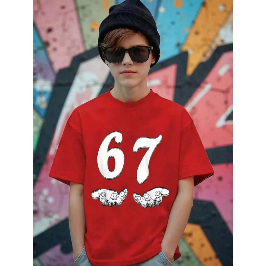 Fashion Children Funny 67 Meme Number Six Seven Print Short Sleeve Children T-Shirt Boy and Girl T-Shirts Round Neck Top Clothes