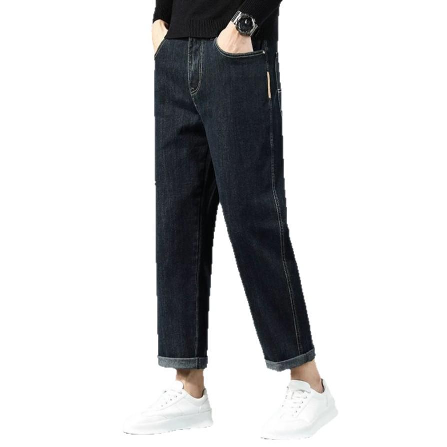 Autumn new four seasons European large size cotton soft black straight nine-point jeans men's very light pants