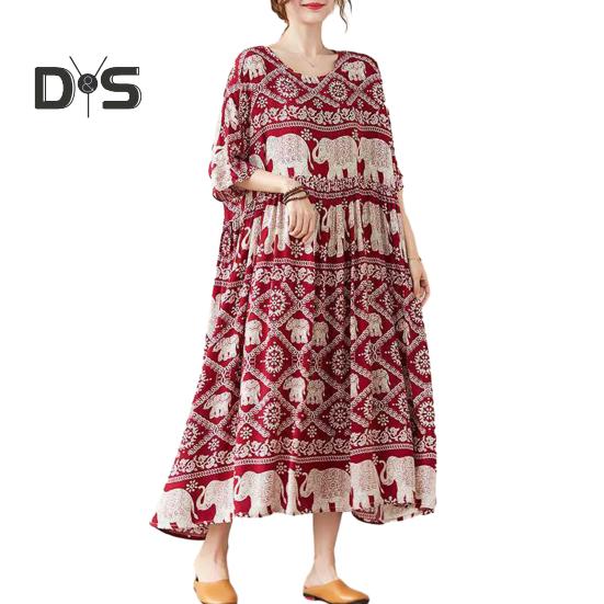 

Платье макси с цветочным принтом в стиле бохо-слона для женщин, длинное платье из хлопка и льна, повседневное пляжное платье с коротким рукавом вино красного