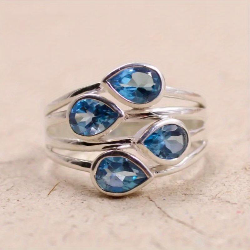 1pc Exquisite Luxury Style Multi-circle Hollow Out Multiple Sky Blue Imitation Crystals Twinkling Silver Color Ladies Ring