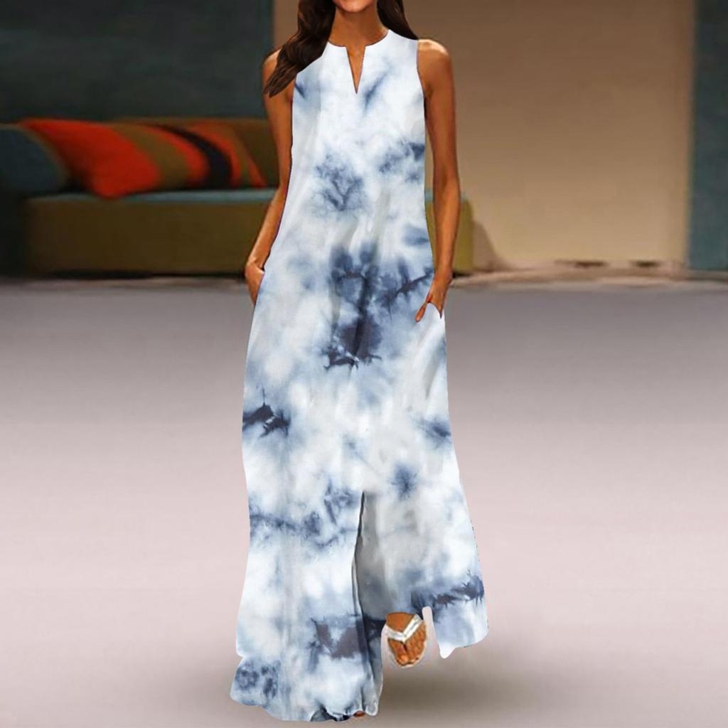 Vestido largo sin mangas con estampado en color y cuello en V clásico a la moda de primavera y verano para mujer