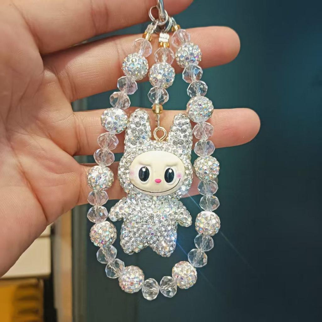 2025 Top Selling Creative Full Diamond Clay LABUBU Beaded Phone Chain for Women Cute Bag Chain Key Pendant