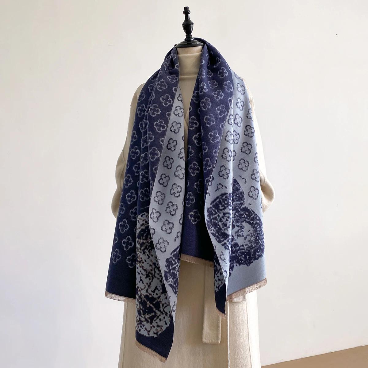 

Роскошный бренд Элегантность Двусторонняя печать Шарфы Мягкий Теплый Бахрома Пашмина Шаль Зима Улица Холодостойкий Ветрозащитный Плед Шарф