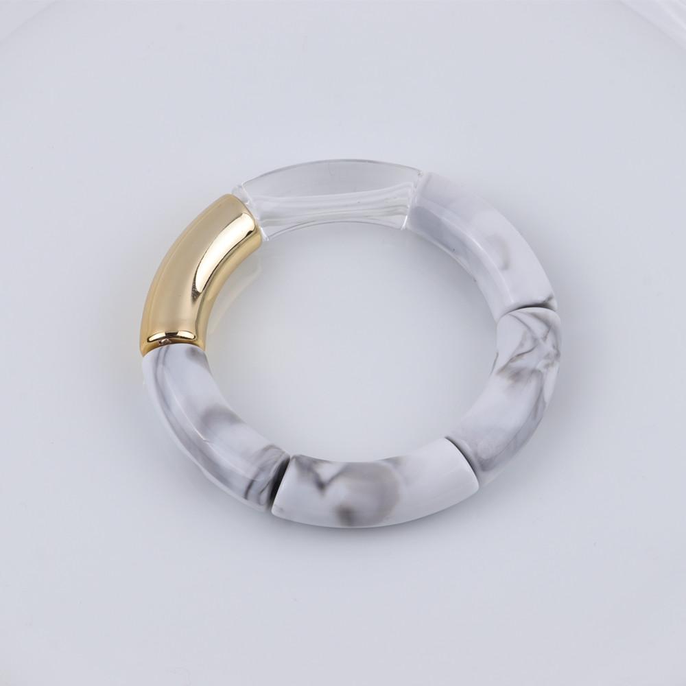 New Mixed Gold Color Tube Beads Acrylic Bracelets Bangles for Women Men Stretch Bamboo Curved Resin Bracelet Stack Jewelry Gifts