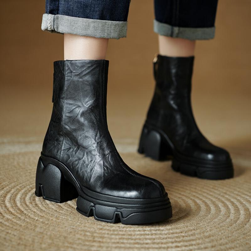Fashion NEW Autumn Women Boots Genuine Leather Shoes for Women Round Toe Chunky Heel Shoes Concise Zip Platform Boots Soft Daily Shoes