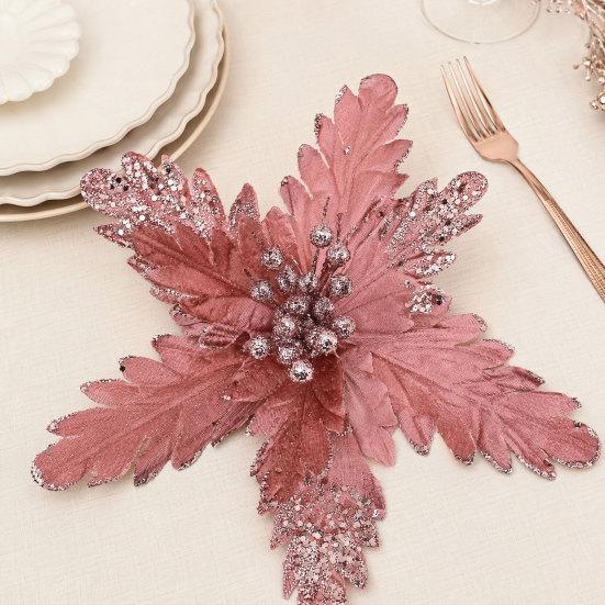 DYS Artificial Flowers with Gold Powder & Beads, Multi-Color Glitter Christmas Flowers, Multi-Layered Fabric Petals, Bendable Stems for Holiday