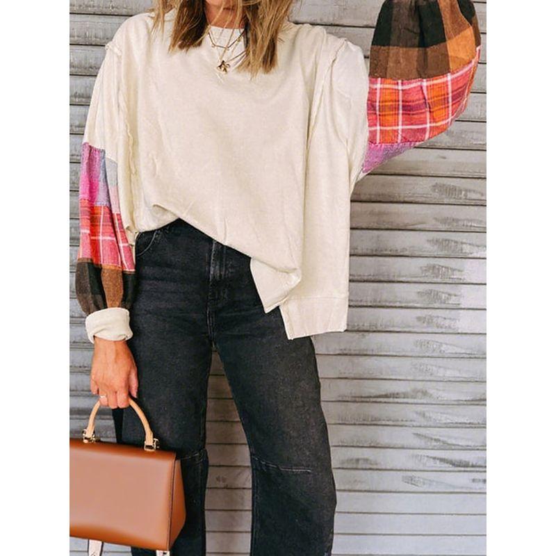 American Shiying Plaid Patchwork Long sleeve Top Women 2025 Autumn and Winter New Loose Contrast Color round Neck Knit