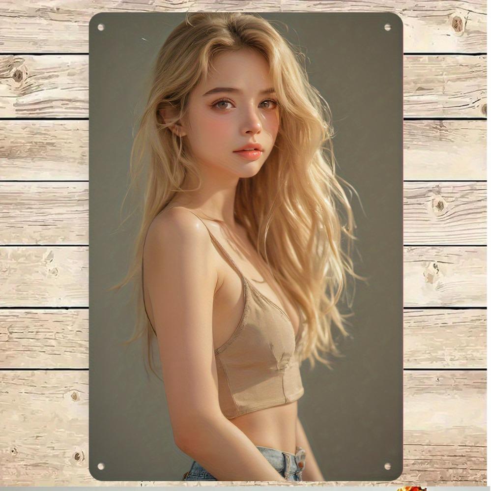 

HD Metal Tin Sign Beautiful Blonde Woman in Beige Cami Top Vintage Wall Art Decor for Home Bar Man Cave Retro Metal Plaque Poste 20x30cm（7.8x11.8inch）